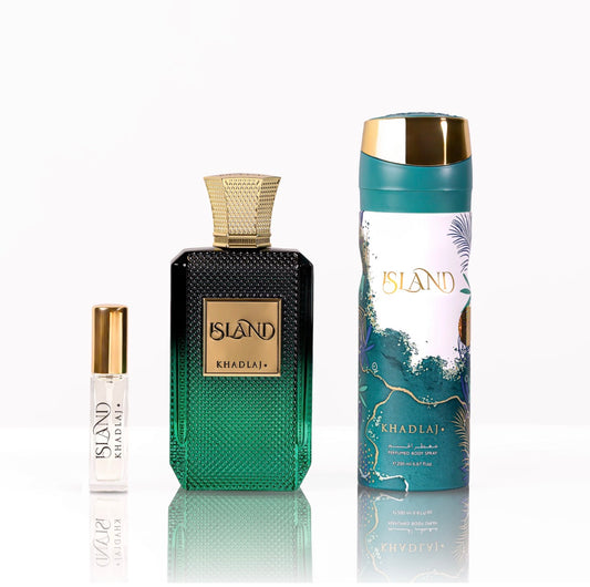KHADLAJ ISLAND GIFT SET FOR HIM & HER (EDP 100 ML, BODY SPRAY & TRAVEL SIZE EDP 8 ML)