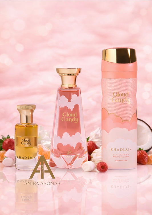 KHADLAJ CLOUD CANDY GIFT SET FOR WOMEN (EDP 100 ML, BODY SPRAY & PERFUME OIL ROLL ON 24 ML)