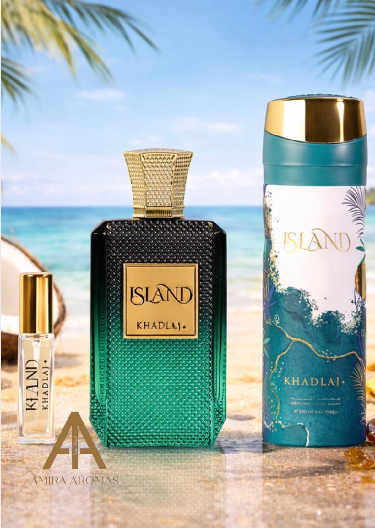 KHADLAJ ISLAND GIFT SET FOR HIM & HER (EDP 100 ML, BODY SPRAY & TRAVEL SIZE EDP 8 ML)