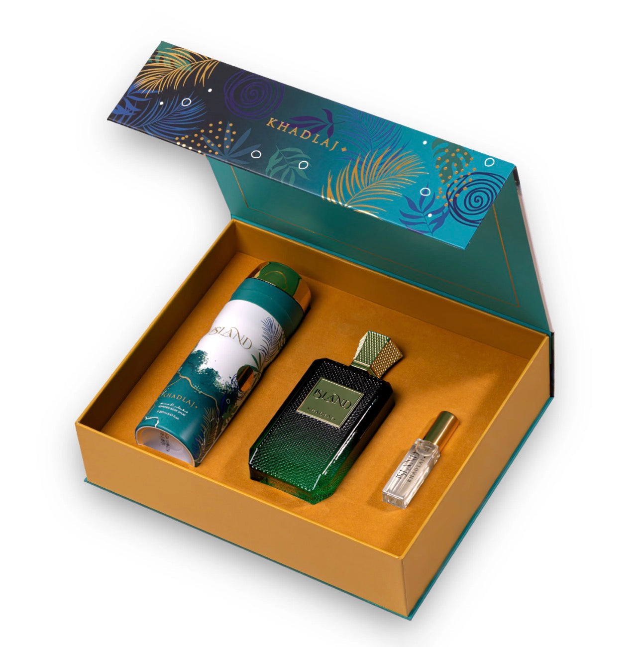 KHADLAJ ISLAND GIFT SET FOR HIM & HER (EDP 100 ML, BODY SPRAY & TRAVEL SIZE EDP 8 ML)
